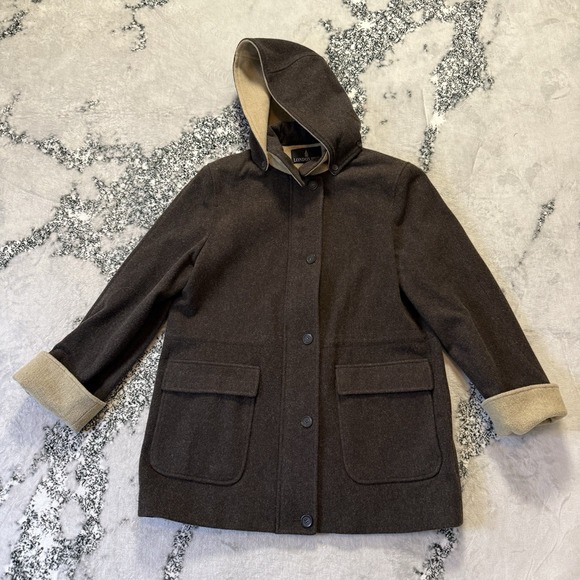 London Fog Coat Womens Size Large Brown Hooded 100% Wool Lined Button Up - Picture 1 of 8